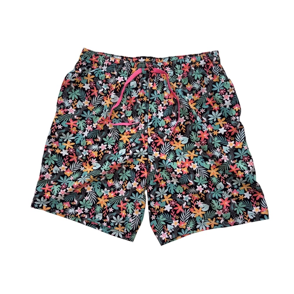 CHUBBIES Swim Trunks Mens L Black Floral Toucan The Bloomerangs 7" Inseam